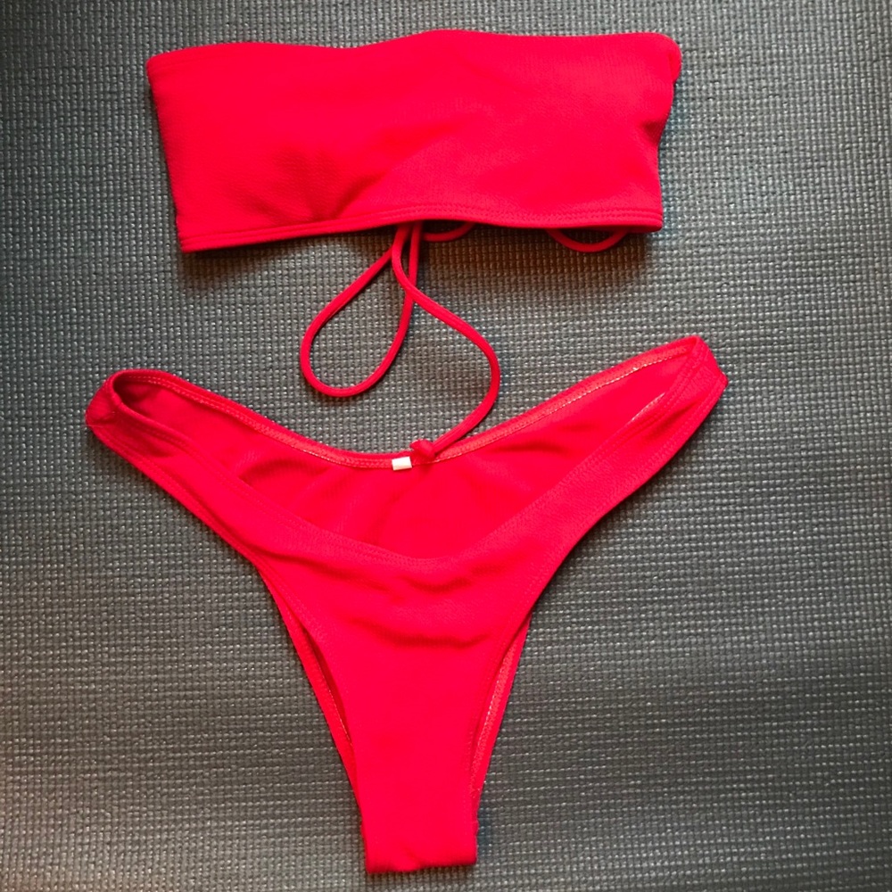 Red bandeau bikini